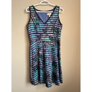 LOFT Purple Floral Striped Sleeveless V-Neck Fit & Flare Dress Womens 4 Resort
